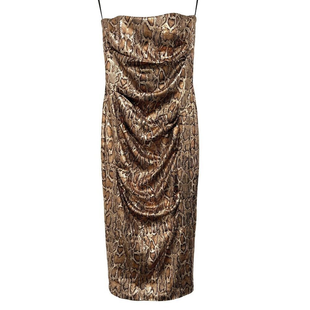 Nookie Strapless Snake Print Metallic Midi Dress Bodycon Style NWT